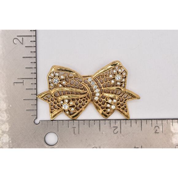 1928 Vintage Floral Bow Pin Brooch Rhinestone Crystal Antiqued Gold 1980s BinBP - Picture 12 of 12